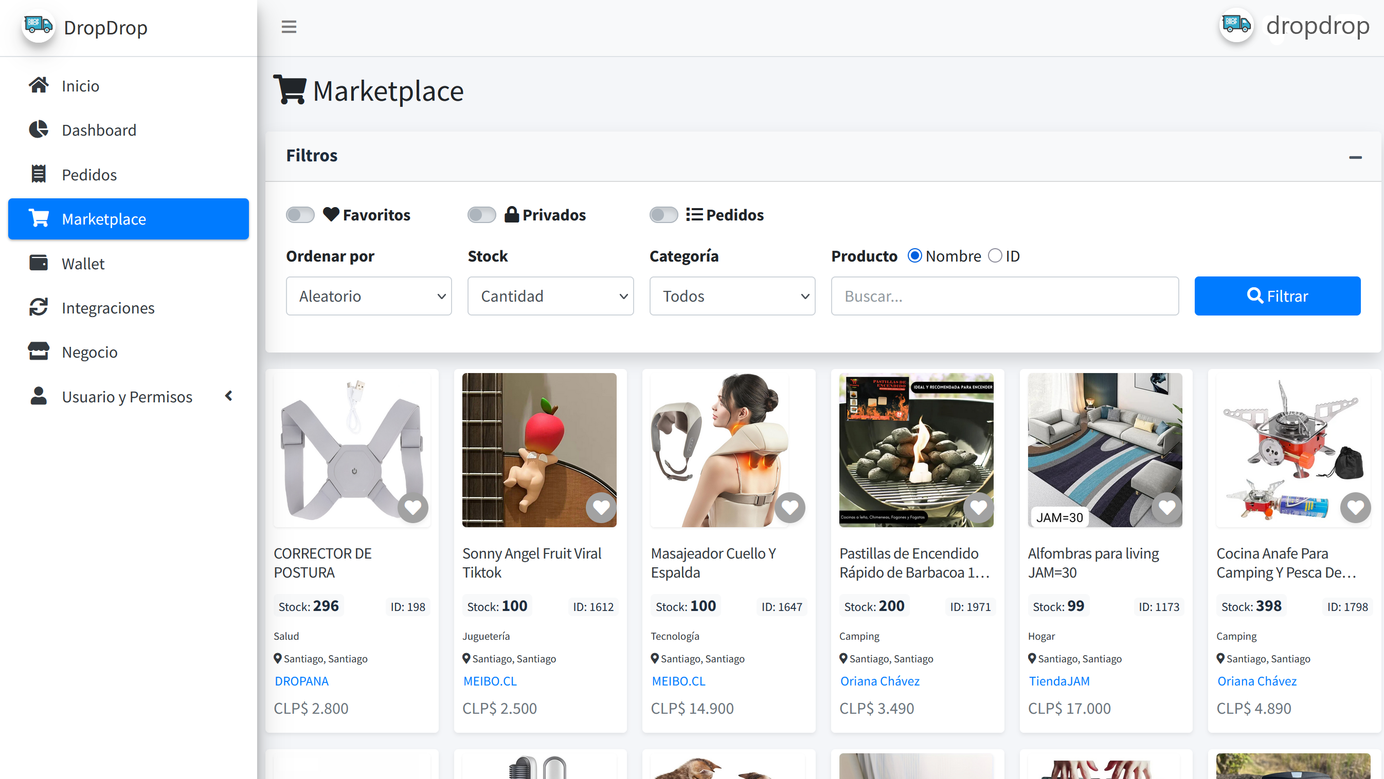 Panel marketplace DropDrop en dispositivo móvil